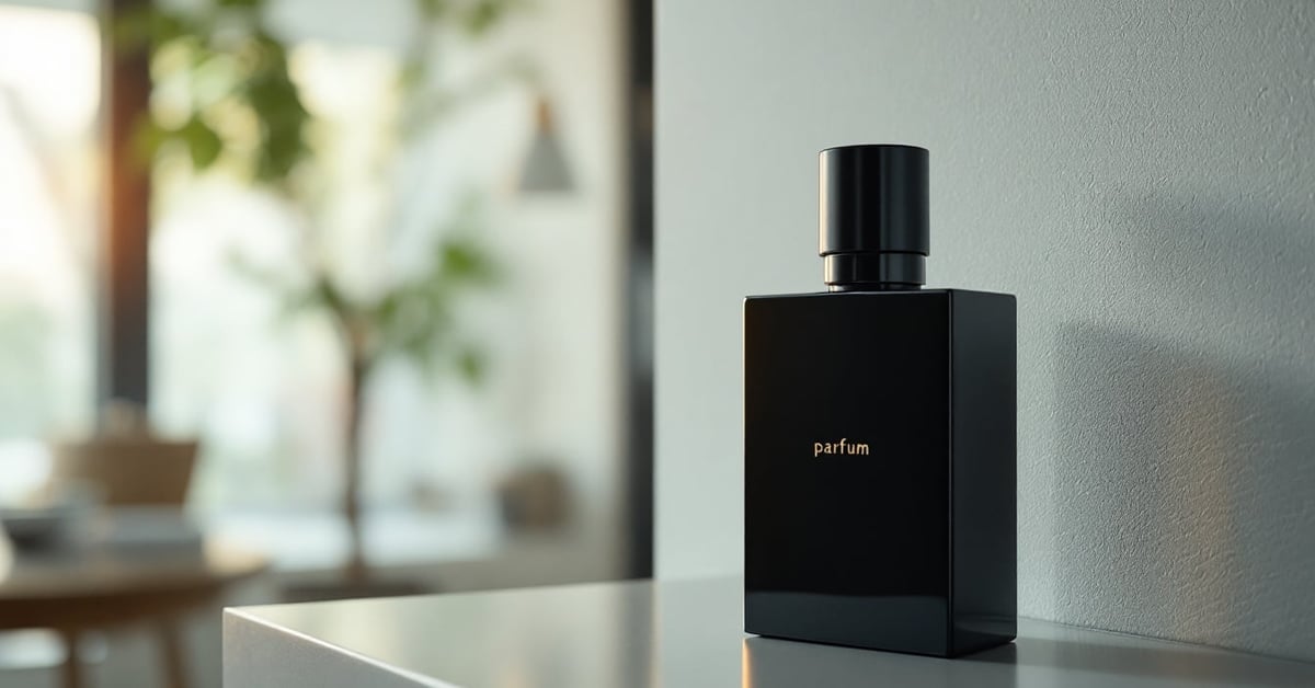 Flacon de parfum homme posé sur une surface élégante dans un cadre moderne et masculin