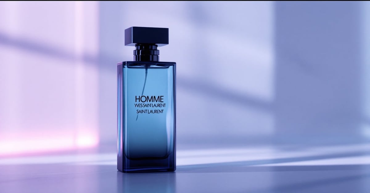Flacon de parfum homme Yves Saint Laurent posé élégamment sur une surface moderne en lumière naturelle