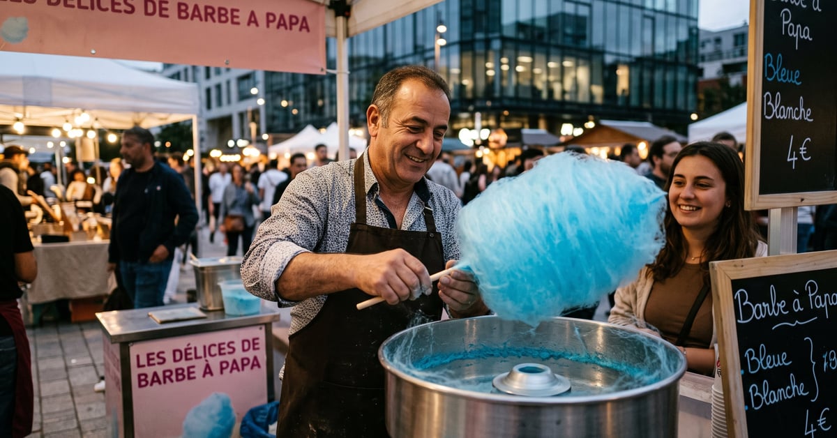 Barbe à papa rose et légère sur un bâtonnet en bois, fond neutre, rendu authentique