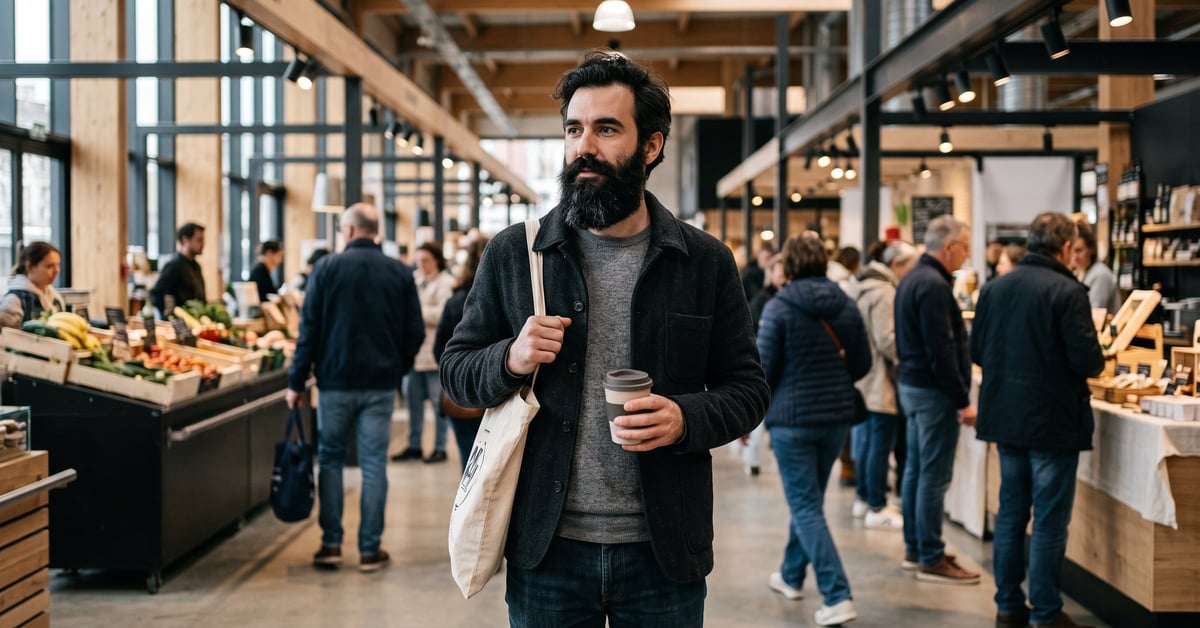 Homme avec une barbe noire soignée et bien taillée, style moderne et élégant
