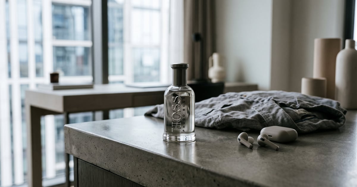Hugo Boss parfum pour homme – flacon élégant de cologne masculine sur fond épuré