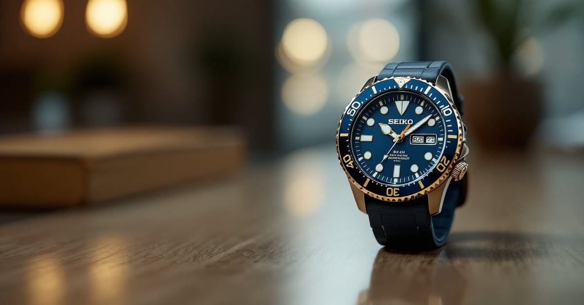 Montre Seiko homme posée sur une surface moderne, photographie éditoriale en lumière naturelle