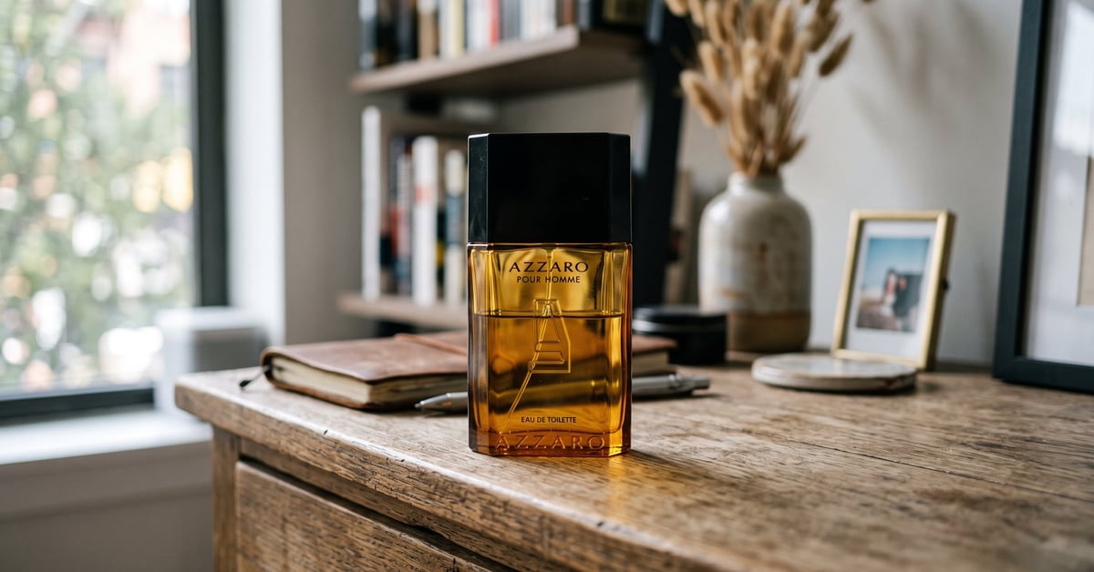Parfum Azzaro homme posé sur une surface moderne, flacon élégant en lumière naturelle