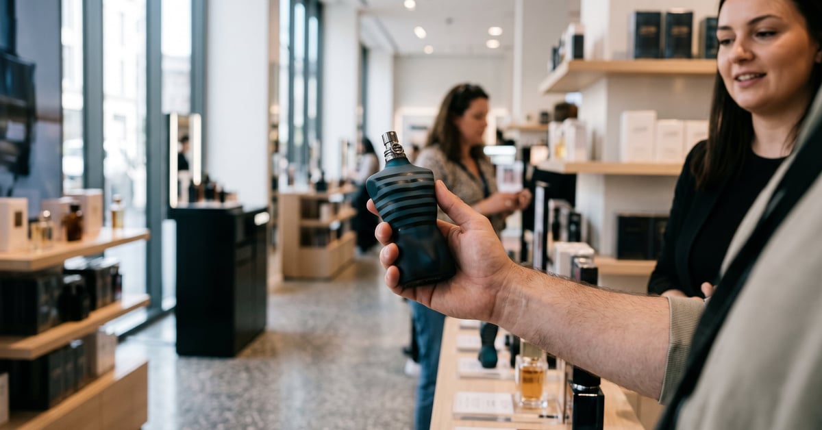 Parfum homme Jean Paul Gaultier posé sur une surface moderne, flacon emblématique en évidence