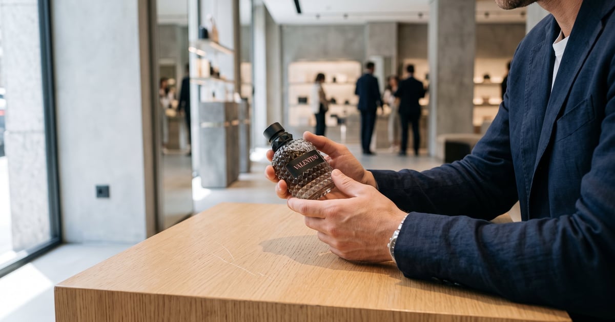 Parfum homme Valentino posé sur une surface moderne dans un cadre élégant et épuré