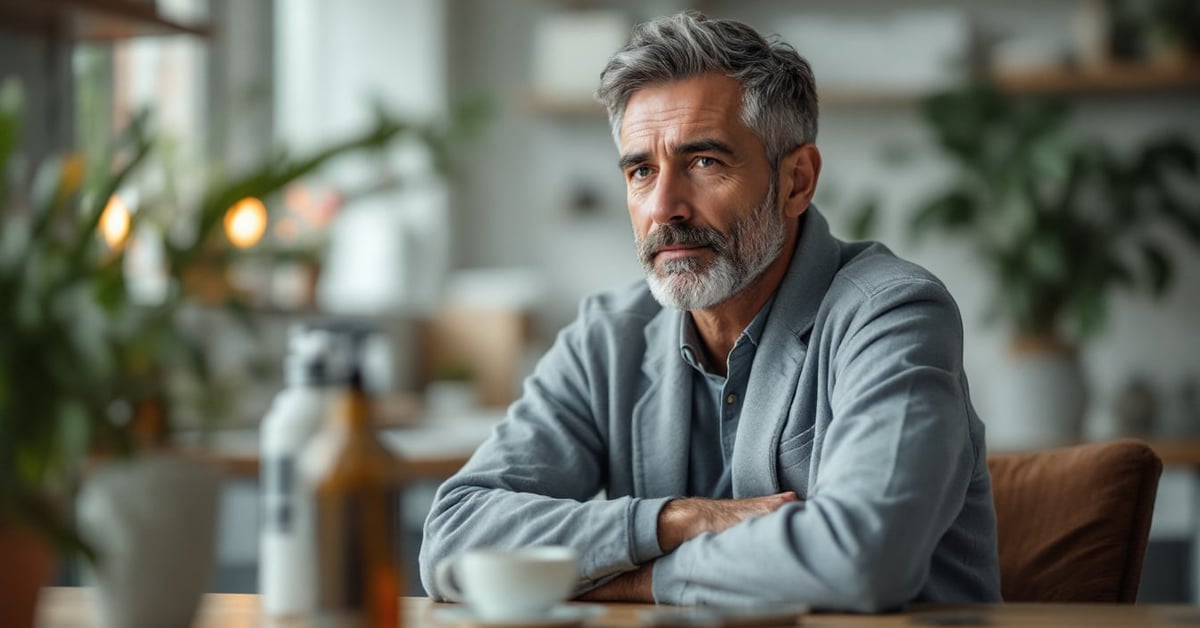 Soin du visage pour homme : routine beauté masculine avec produits de soin posés sur une surface moderne