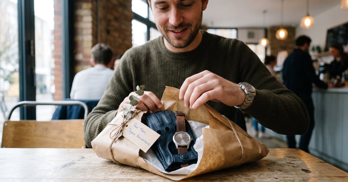 Cadeau accessoire homme : montre, portefeuille et ceinture en cuir disposés élégamment
