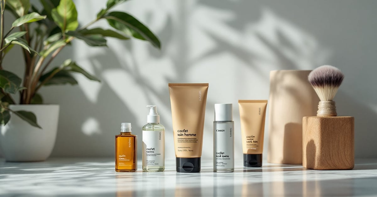 Coffret soin homme élégant avec produits de beauté masculins disposés sur une surface moderne