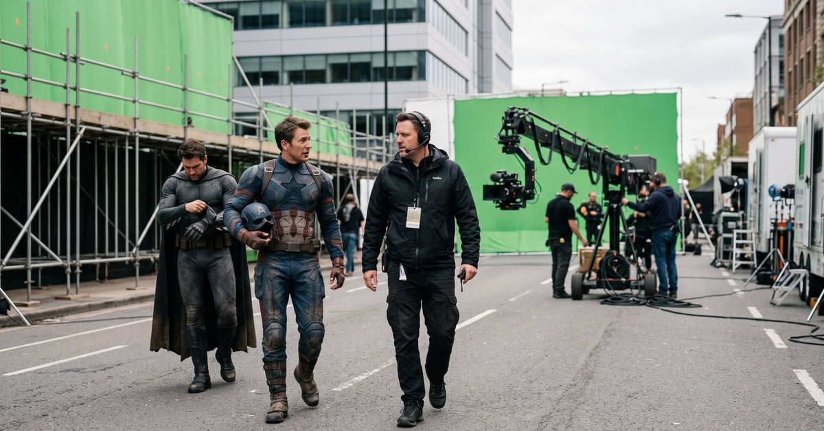 Scène épique de film de super-héros avec effets visuels spectaculaires et costumes emblématiques
