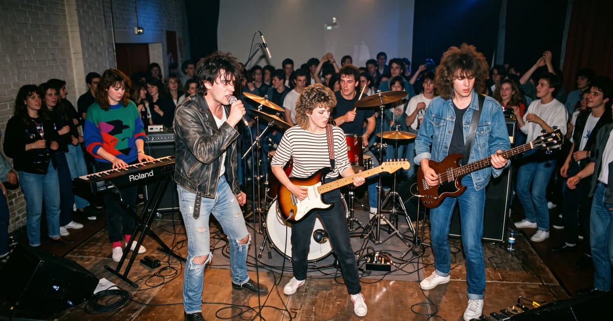 Groupe musical emblématique des années 80 sur scène, ambiance rétro et énergie rock