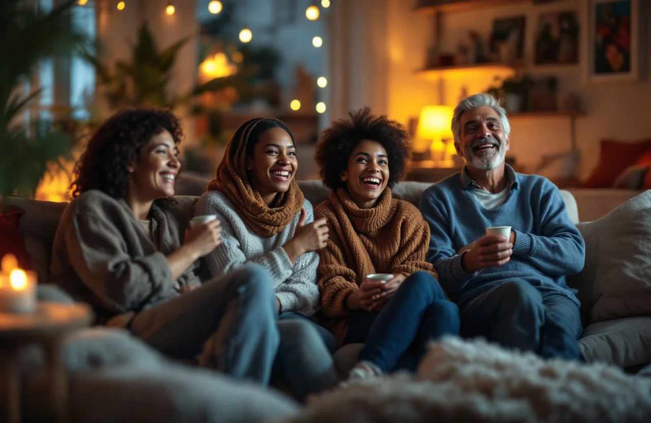 Groupe d'amis de présentations de genre variées regardant un film ensemble dans un salon chaleureux